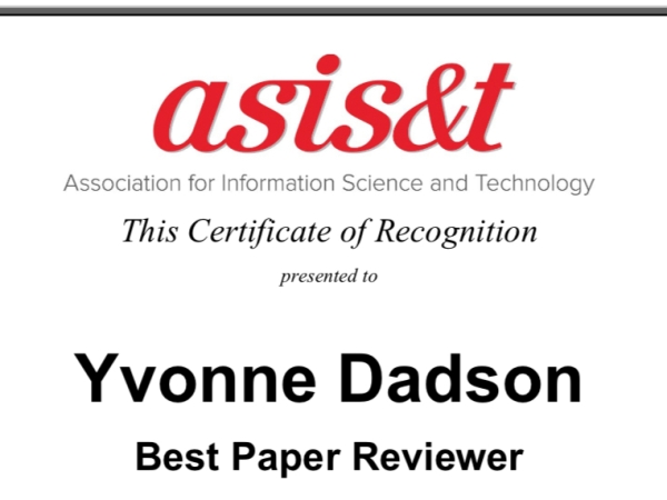 Yvonne Appiah Dadson receives Best Reviewer Award from the Association for Information Science & Technology (ASIS&T).